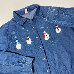 Happy‎ Snowman Embroidered Denim Button Shirt Christmas Holiday Women's Size XL